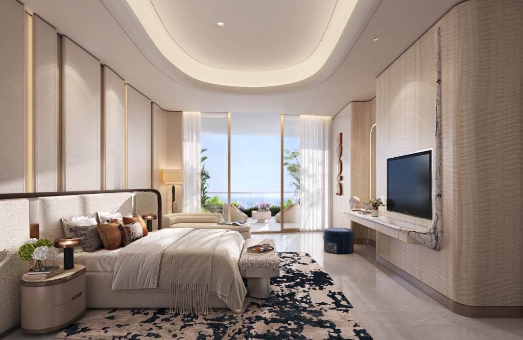 Oystra Villa Master Bedroom Suite Oystra villa master bedroom suite with elliptical cove ceiling and sea-facing balcony by HBA