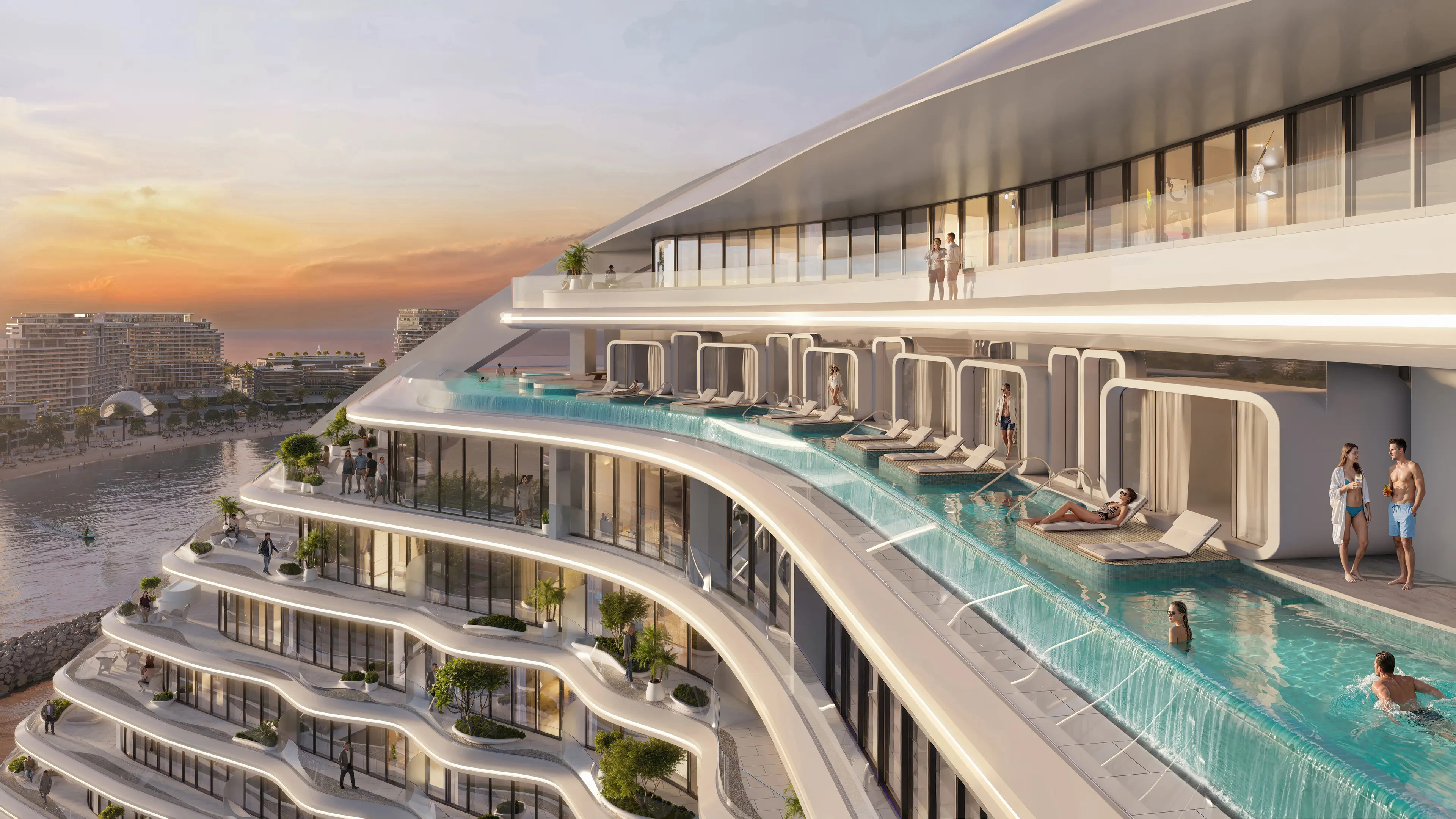 Oystra Rooftop Infinity Pool at Sunset Oystra rooftop infinity pool at sunset with cascading waterfall edge and golden-hour sky