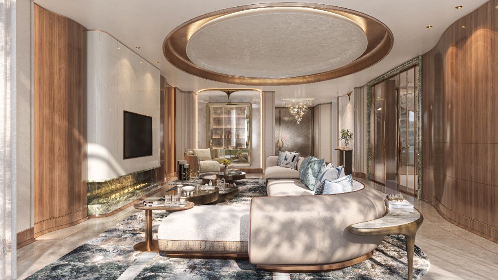 Oystra Villa Living Room with Fireplace Oystra villa living room with curved sofa, marble fireplace and arched bar alcove by HBA