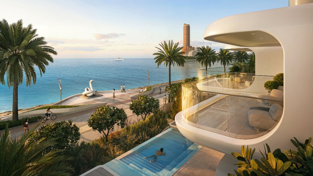 Oystra Villa Balcony and Infinity Pool Oystra villa balcony with private infinity pool overlooking promenade and sea toward Wynn casino