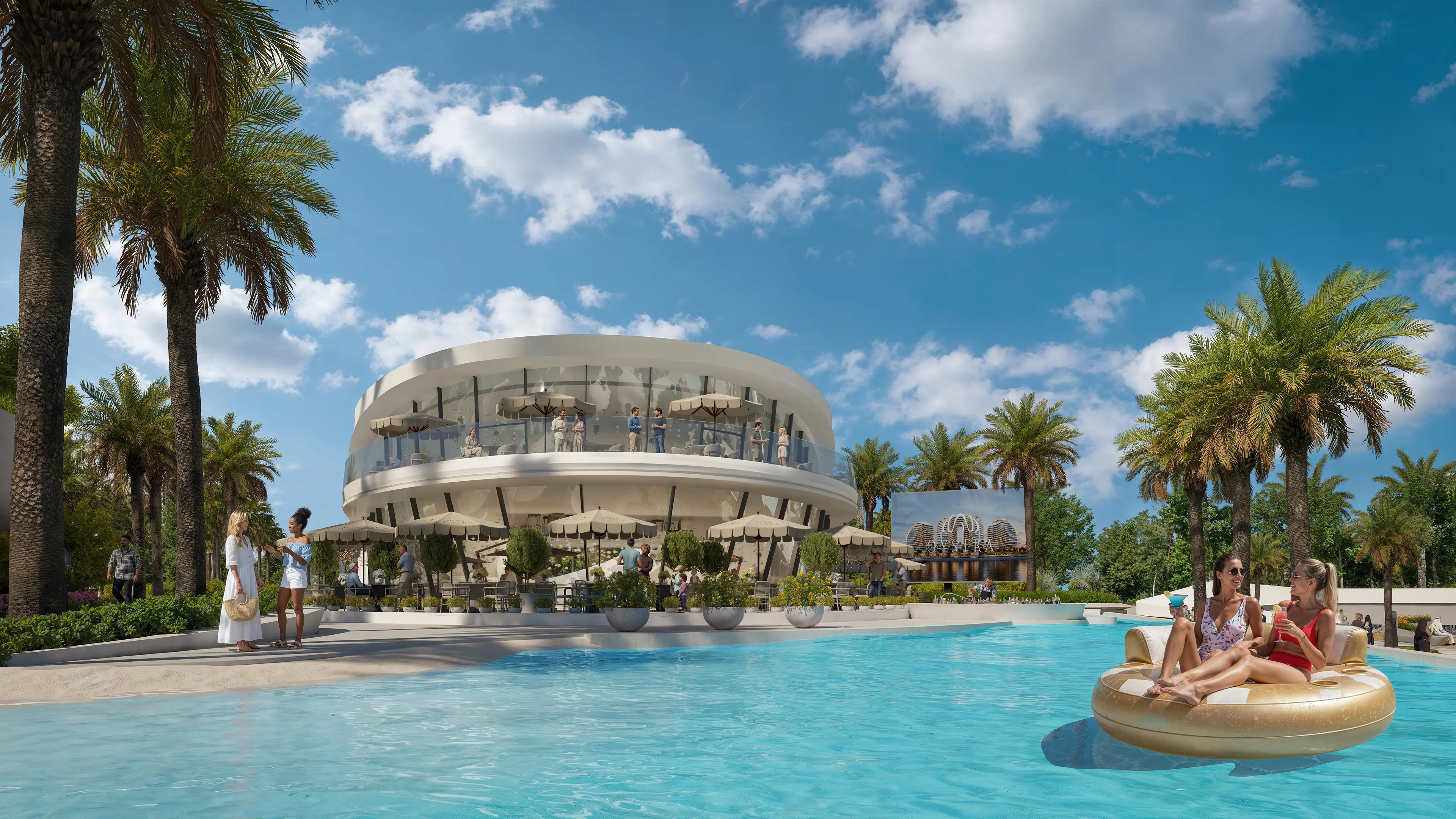 Oystra Beach Club and Lagoon Pool Oystra beach club pool with gold inflatable float and central glass-walled social pavilion