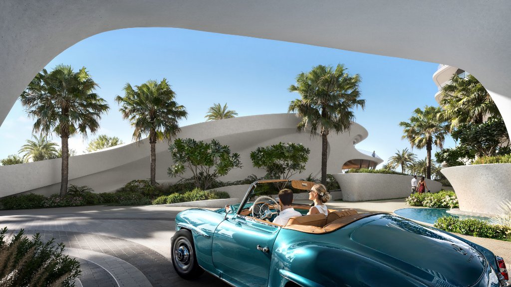Oystra Valet Parking and Arrival Oystra valet parking area framed by organic curved archway with vintage convertible
