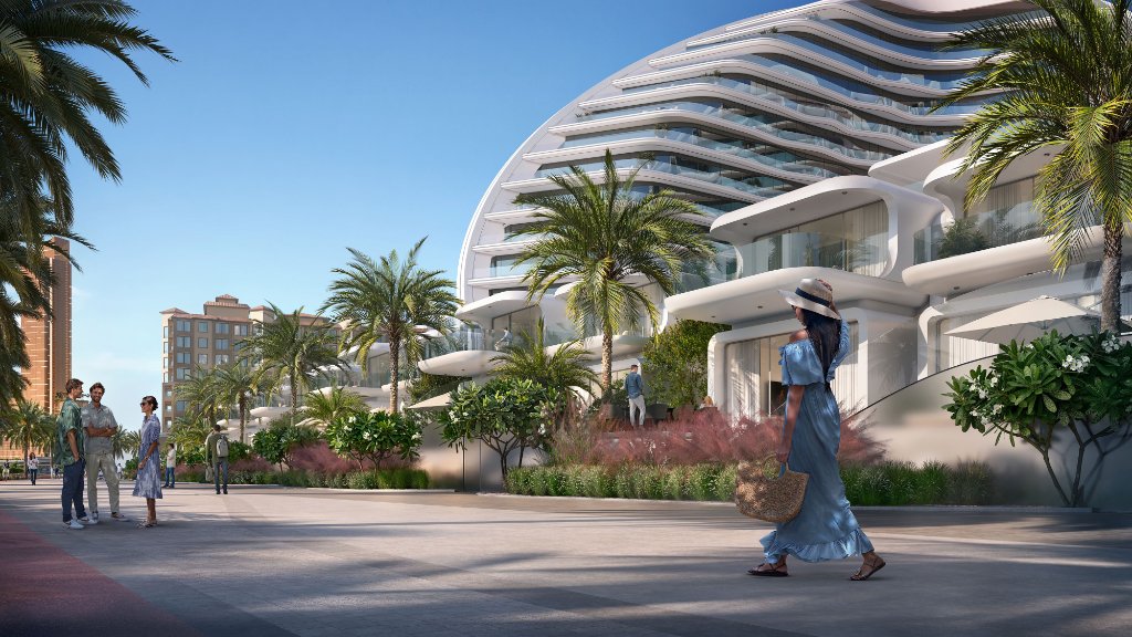 Oystra Promenade Toward Wynn Casino Oystra pedestrian promenade with sculptural white residential facade leading toward Wynn casino