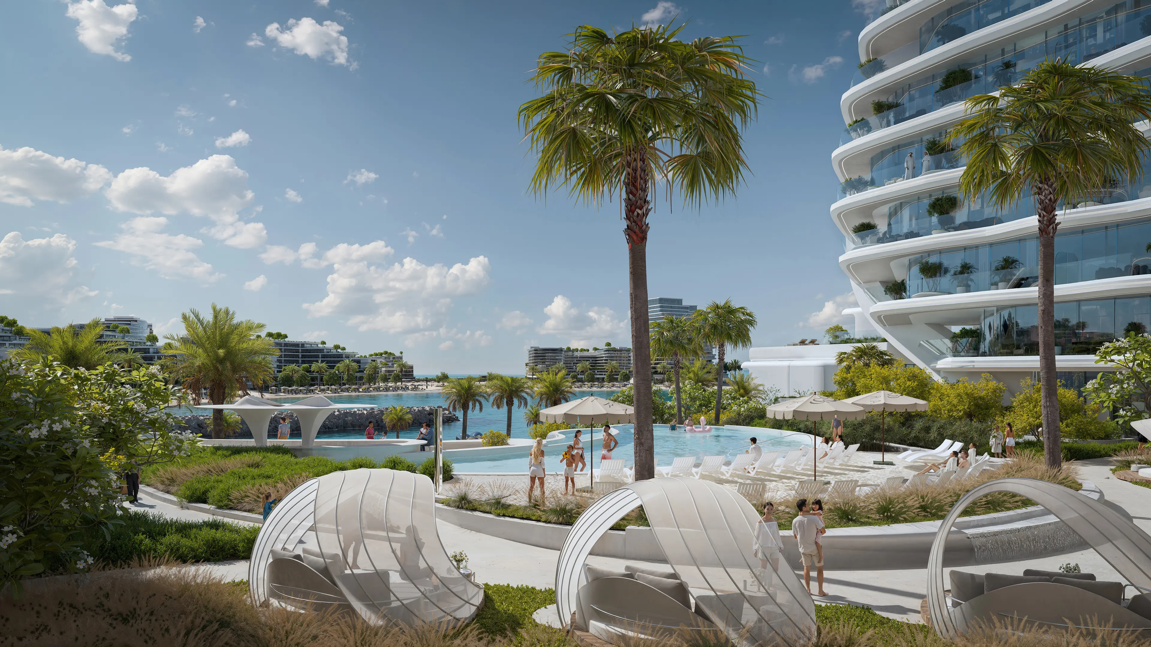 Oystra Beach Club Architecture by ZHA Beach club pool area with organic curved white architecture at Oystra by Zaha Hadid Architects