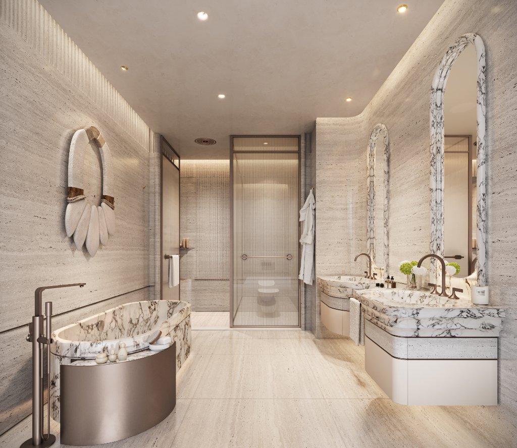 Oystra Villa Spa Bathroom Oystra villa spa bathroom with freestanding marble bathtub, fluted glass shower and dual vanity by HBA