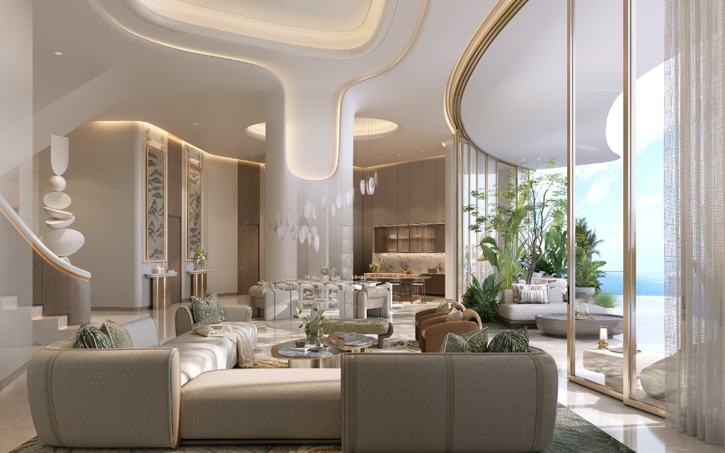 Oystra Villa Living and Dining Area Oystra villa open-plan living and dining area with curved glass wall opening to terrace by HBA