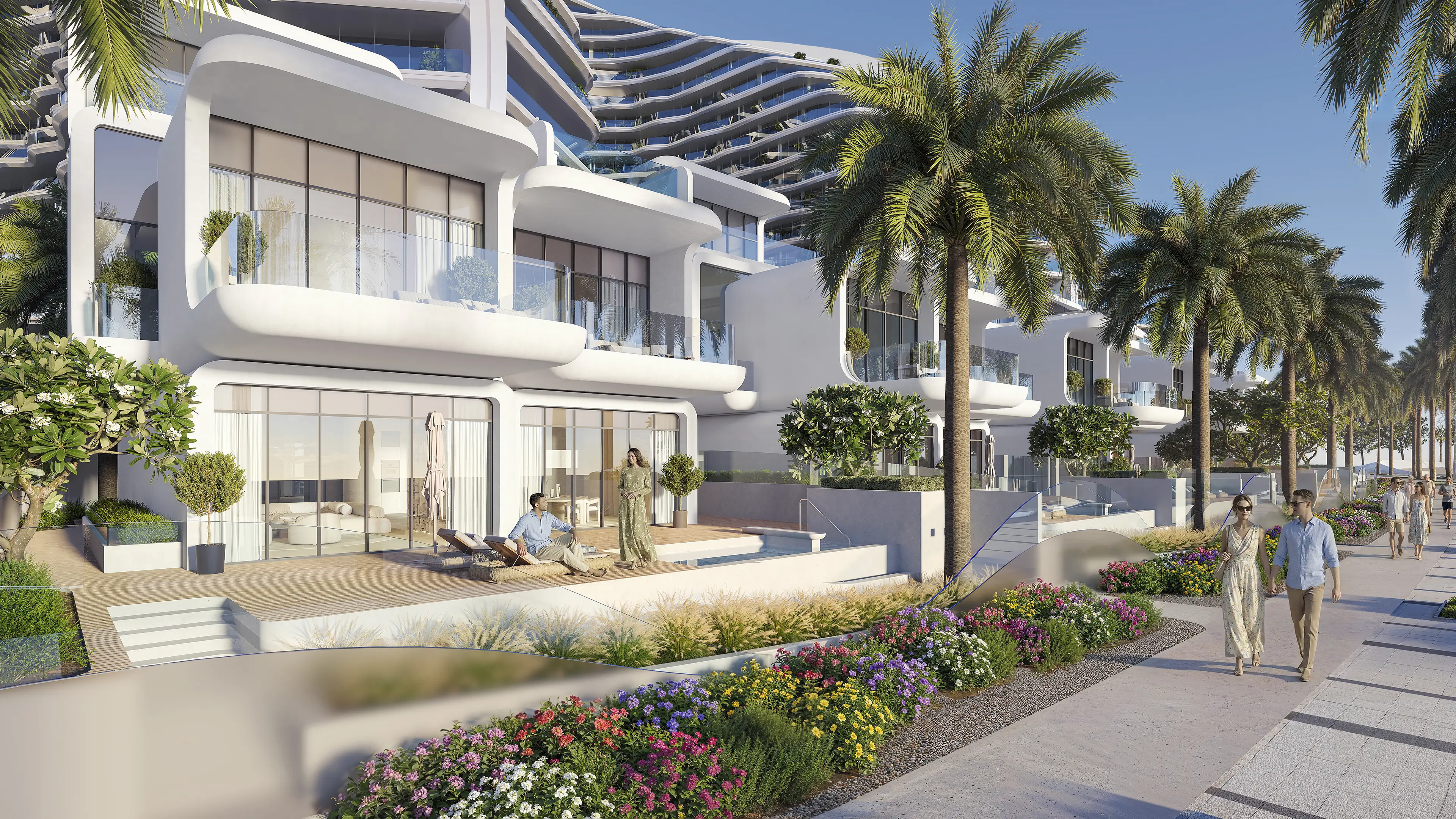 Oystra Villas Ocean View by Zaha Hadid Architects Oystra villas by Zaha Hadid Architects with ocean view, curved white balconies and landscaped promenade on Al Marjan Island, Ras Al Khaimah