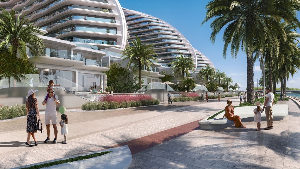 Oystra Promenade and Residences by ZHA Oystra ground-level promenade with curved residential buildings and tropical landscaping by Zaha Hadid Architects