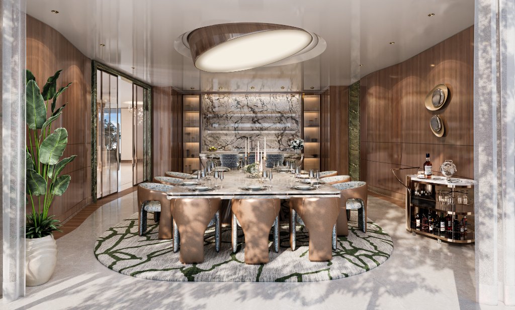 Oystra Villa Dining Room Oystra villa dining room with marble table, camel upholstered chairs and book-matched marble wall by HBA