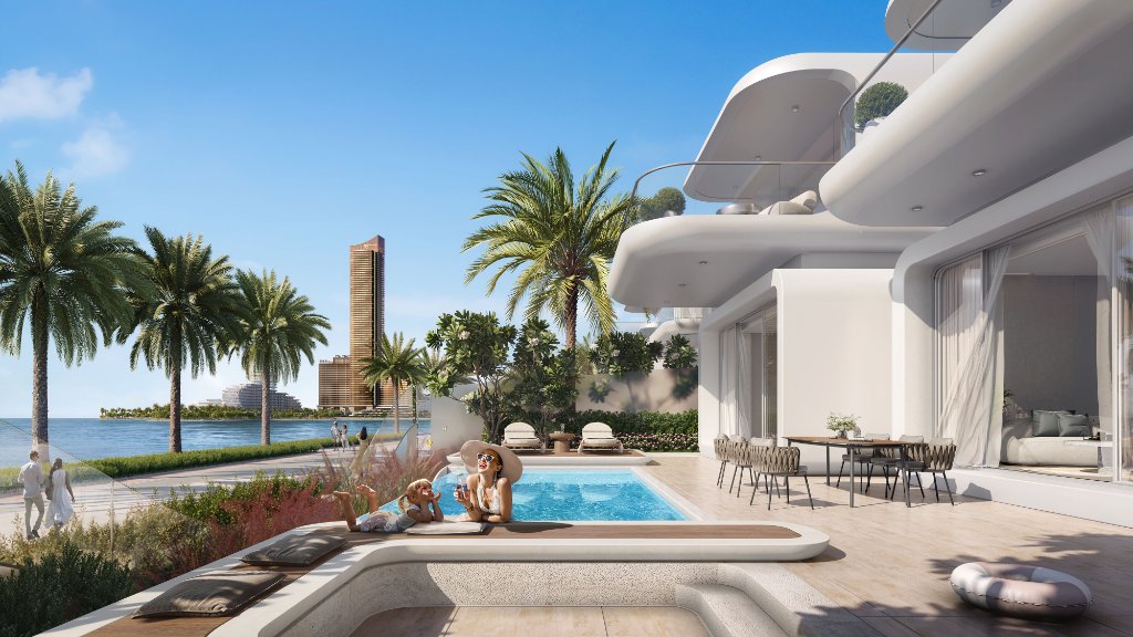 Oystra Villa Private Pool with Wynn Casino View Oystra villa private infinity pool with view toward Wynn casino tower on Al Marjan Island