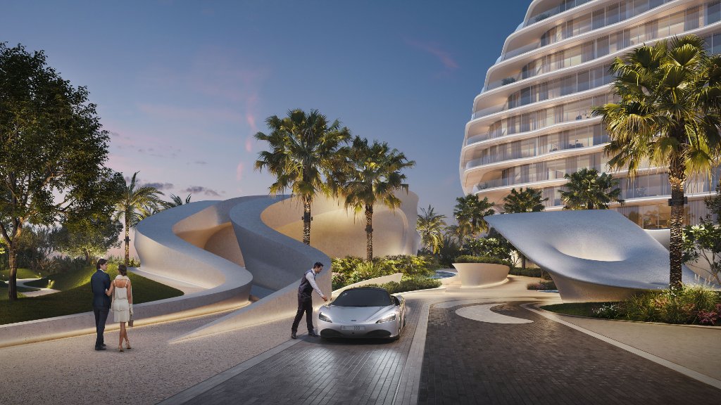 Oystra Valet Arrival at Twilight Oystra valet arrival drop-off at twilight with luxury sports car and sculptural white entrance