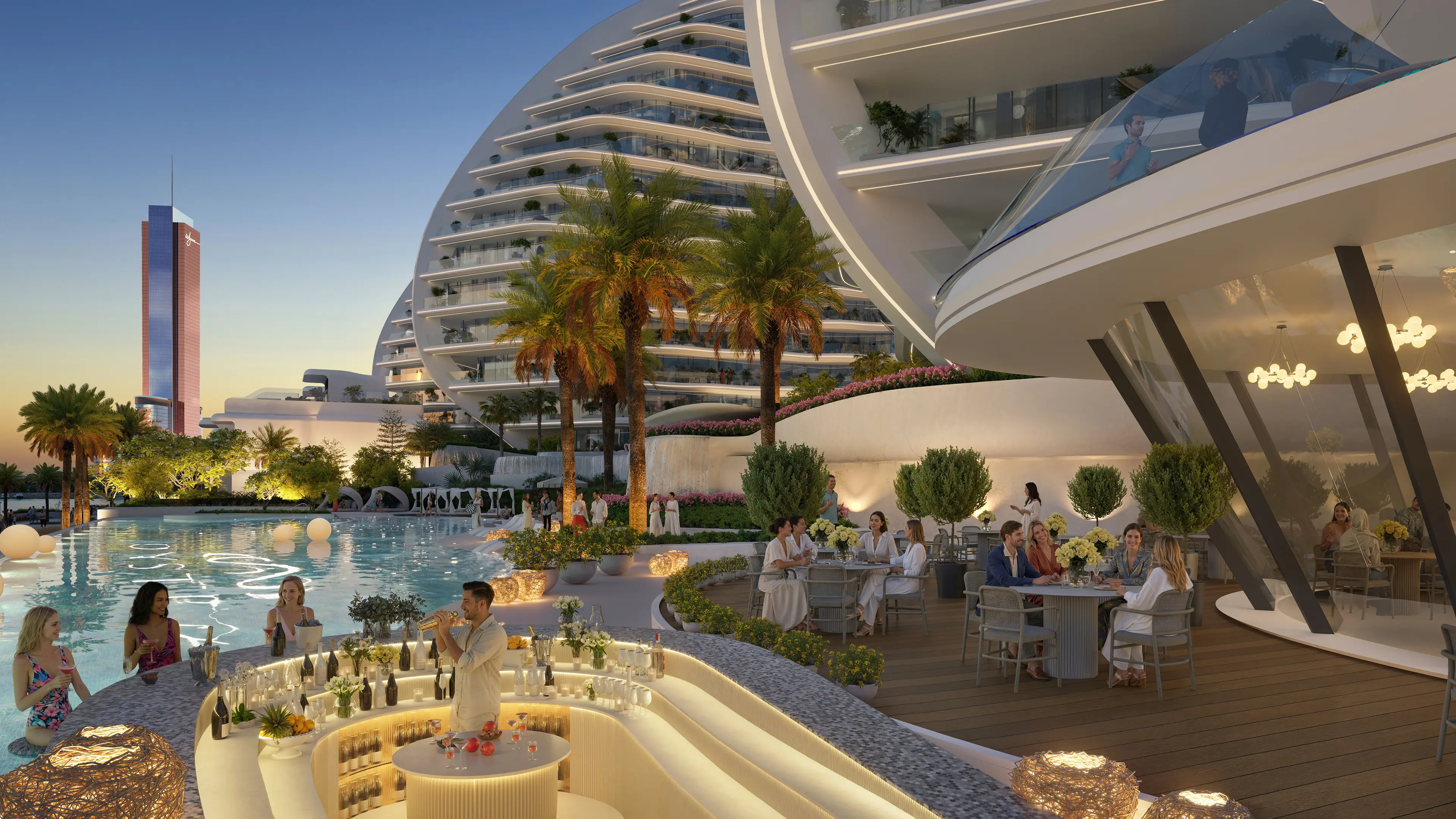 Oystra Pool Bar Architecture by ZHA Curved pool bar with mosaic counter at Oystra development by Zaha Hadid Architects