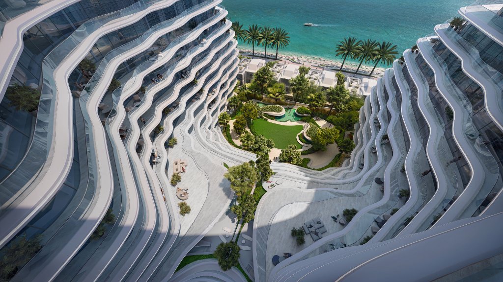 Oystra Development Courtyard Aerial View Aerial view of Oystra development courtyard between curved residential towers on Al Marjan Island