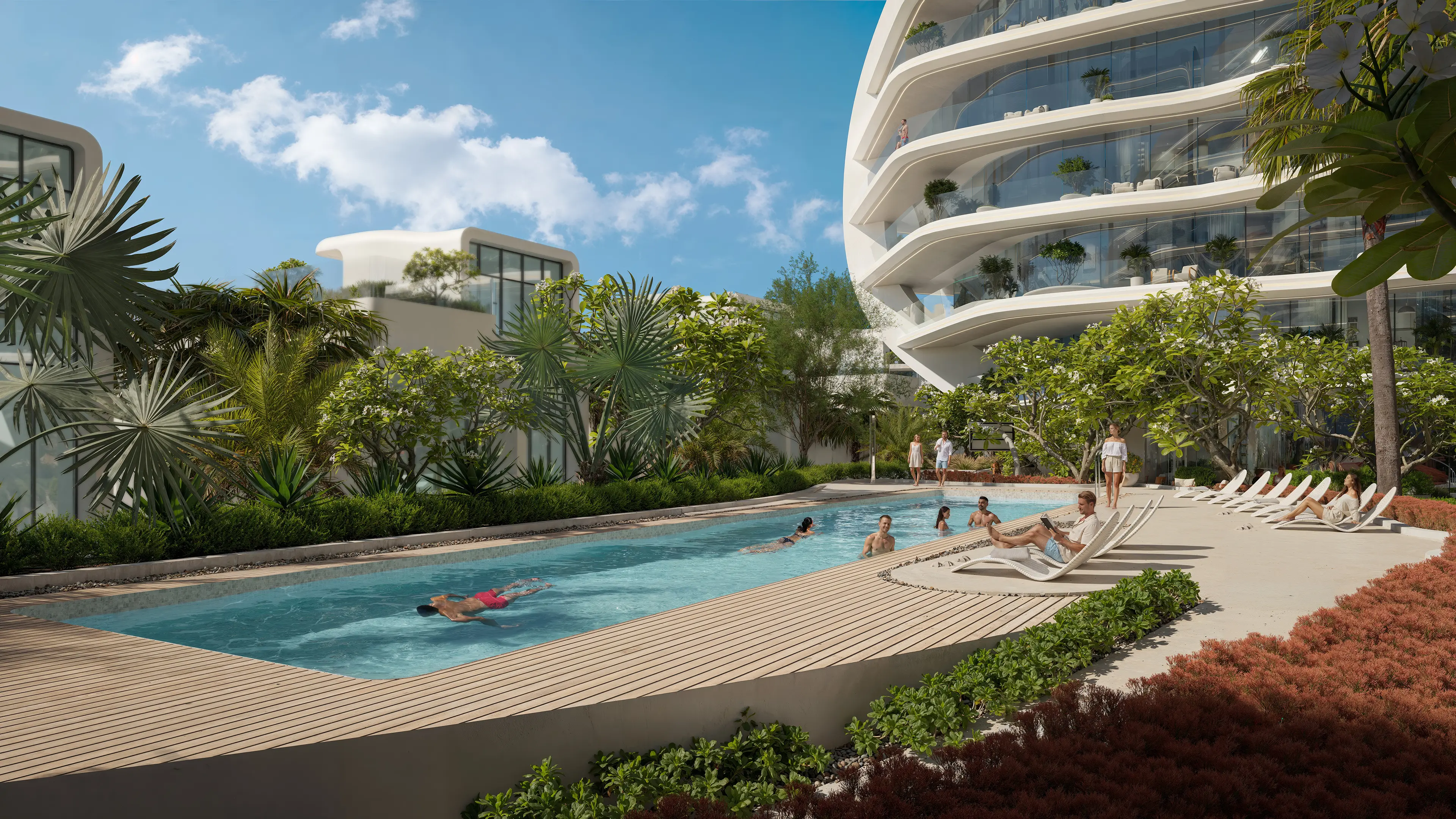 Oystra Courtyard Pool and Tower by ZHA Oystra courtyard swimming pool with curved residential tower and tropical landscaping by Zaha Hadid Architects