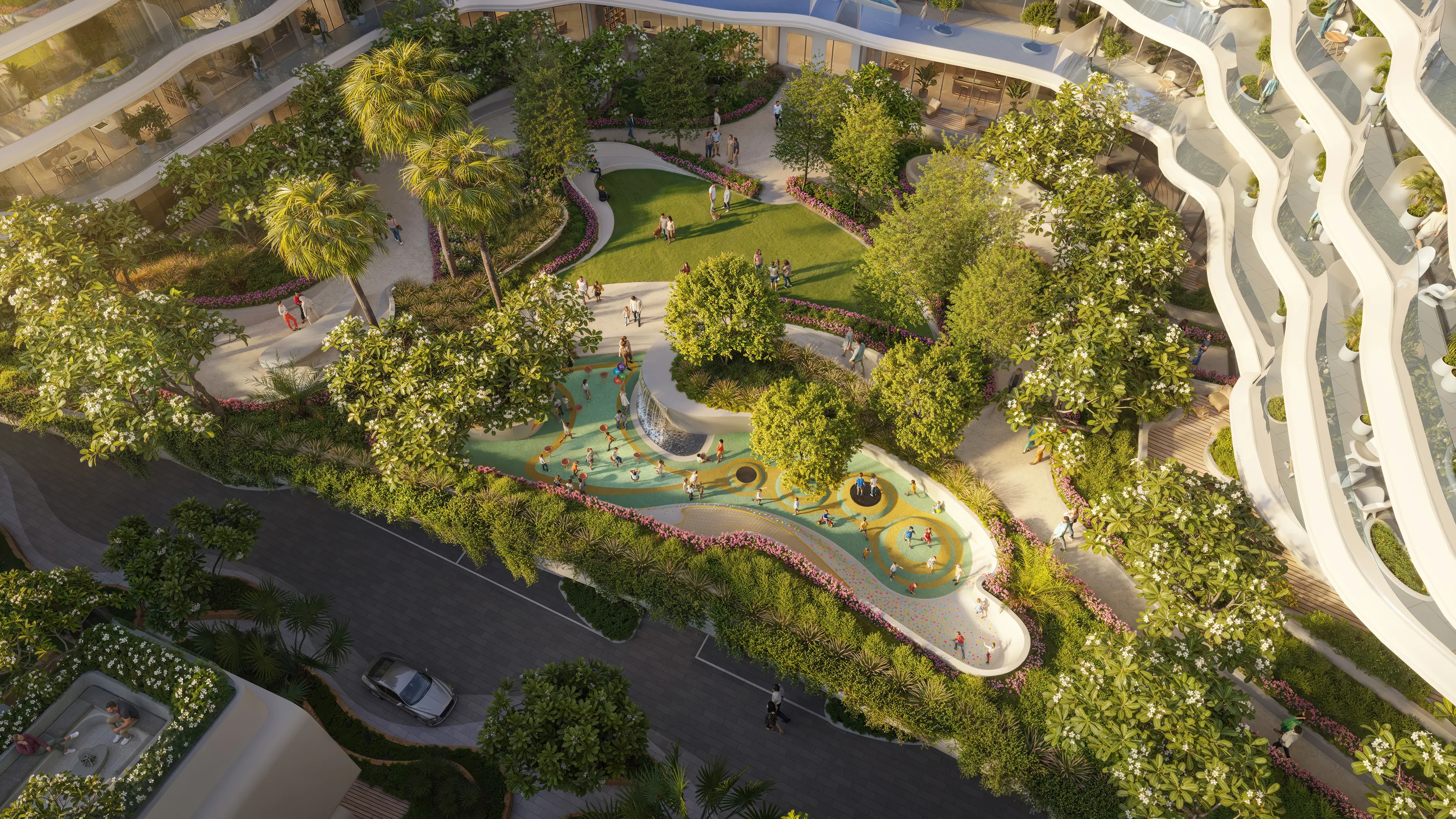 Oystra Park and Gardens by Cracknell Oystra landscaped park and children's play area with curved residential buildings