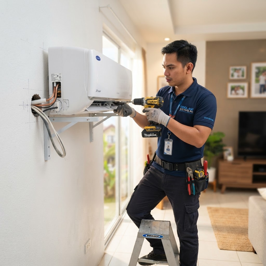 HVAC technician mounting a split-type indoor unit on a wall