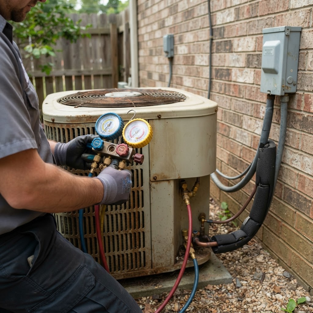 Manifold gauge set connected to an outdoor condenser unit for diagnosis