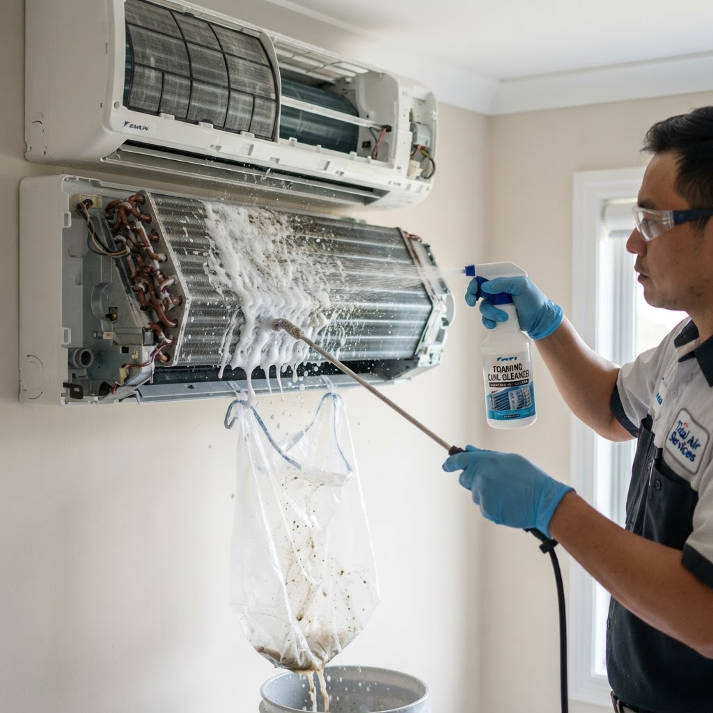 Cleaning an air conditioner evaporator coil with foaming coil cleaner