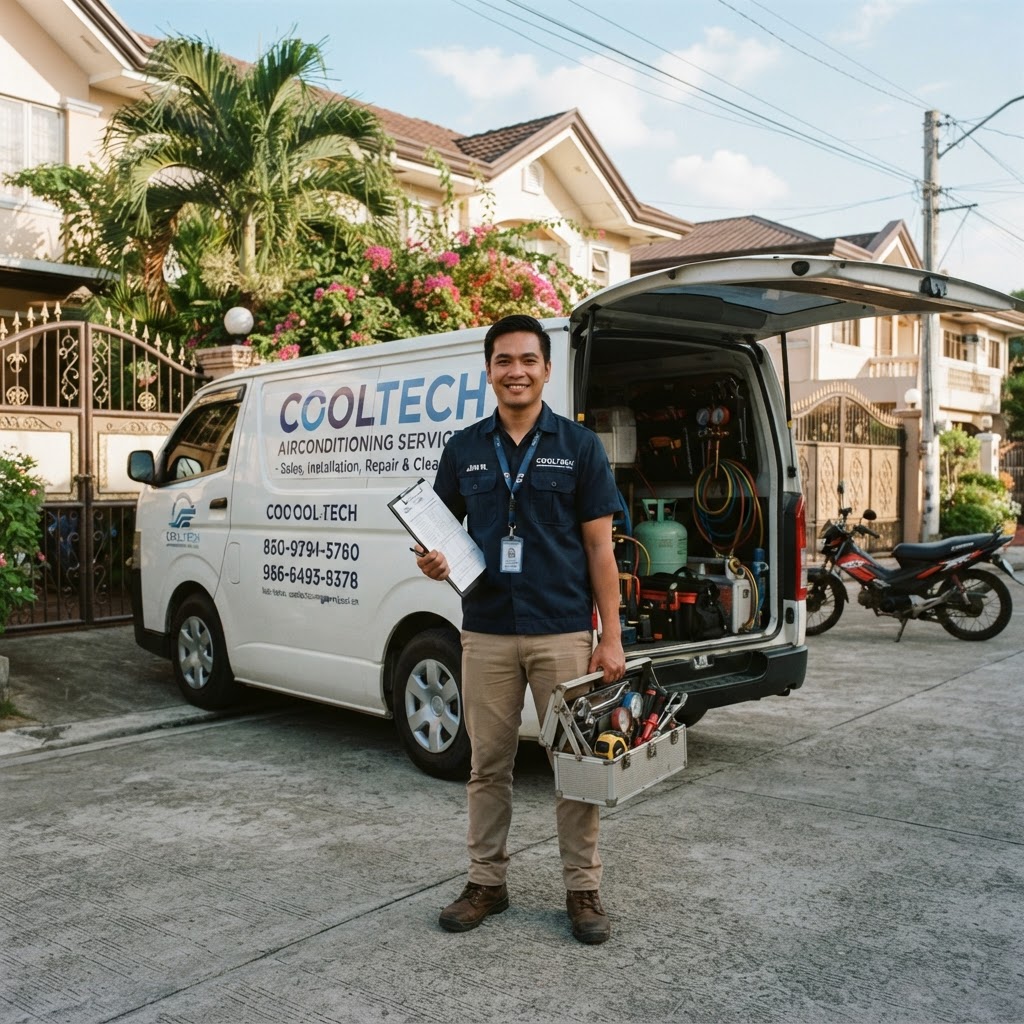 Aircon service technician with toolbox and clipboard beside a service van