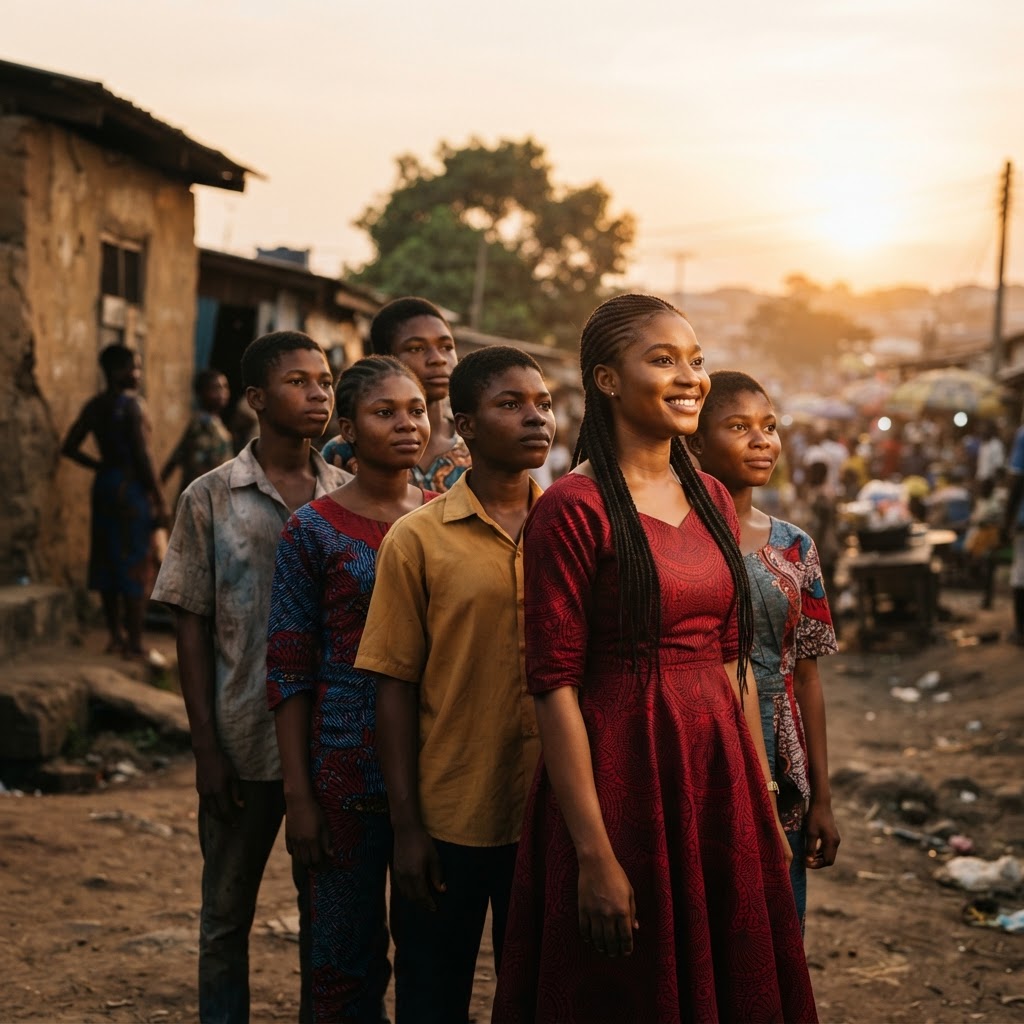 Nigerian women and youth standing together with confidence at golden hour
