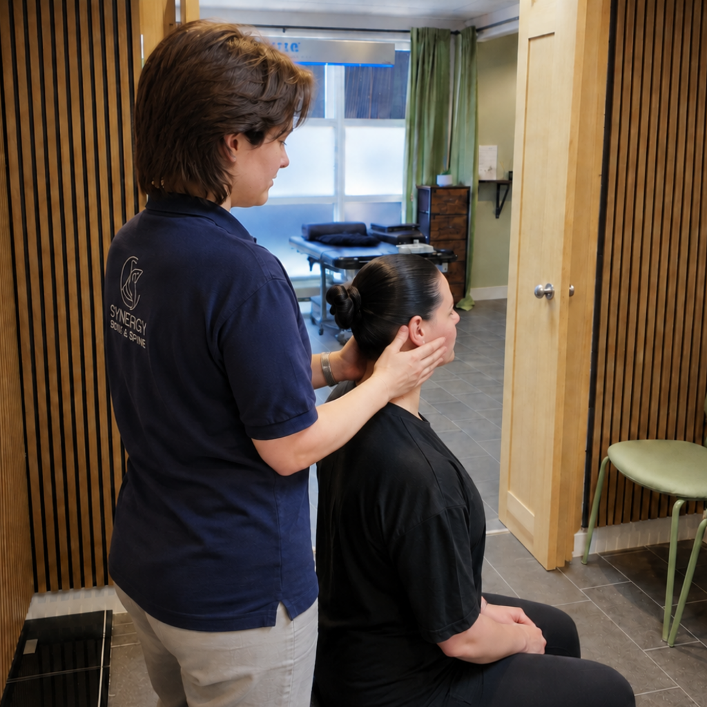Chiropractor treating a patient with neck pain at Synergy Body & Spine Clinic