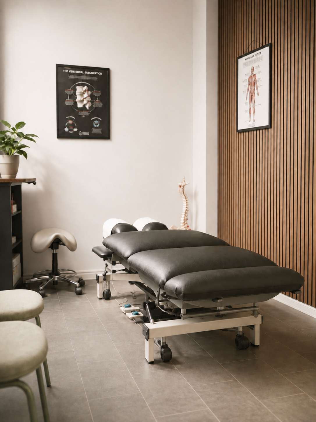 Bright, modern chiropractic treatment room at Synergy Body & Spine Clinic
