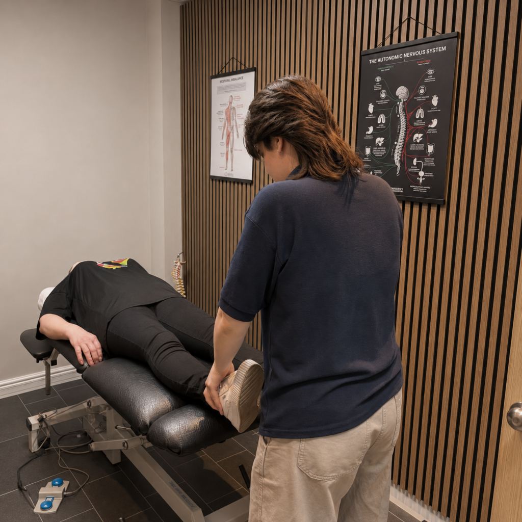 Chiropractor treating a patient for plantar fasciitis at Synergy Body & Spine Clinic