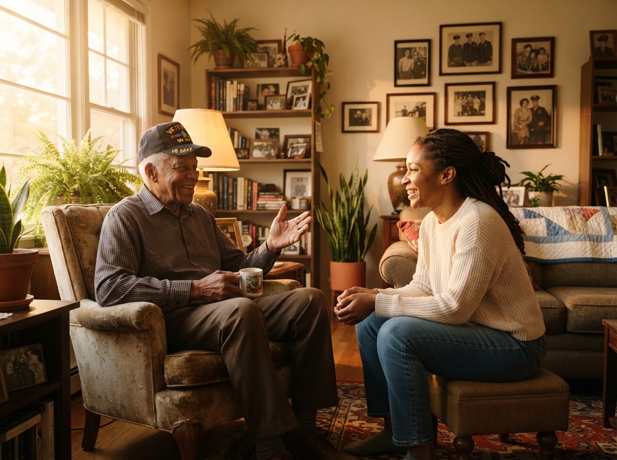 A veteran sharing stories with an attentive caregiver in a warm, sunlit living room
