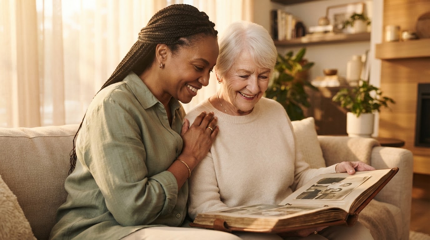 A caregiver and senior sharing a warm, genuine moment together at home
