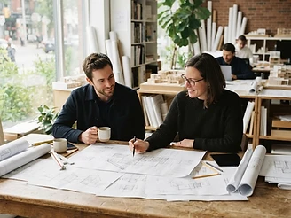 Architect and client reviewing house plans and sketches together at a wooden table