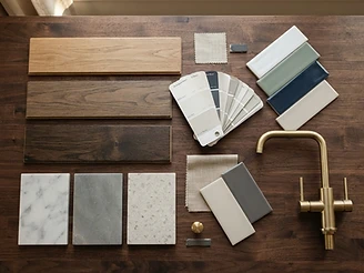 Flat lay of interior finish samples: hardwood, stone tile, brass fixtures, and paint chips