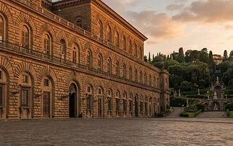 A wide cinematic view of Palazzo Pitti