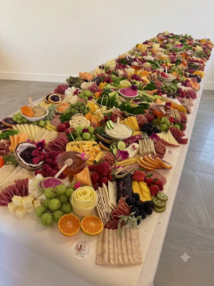 Long grazing table with gourmet charcuterie spread