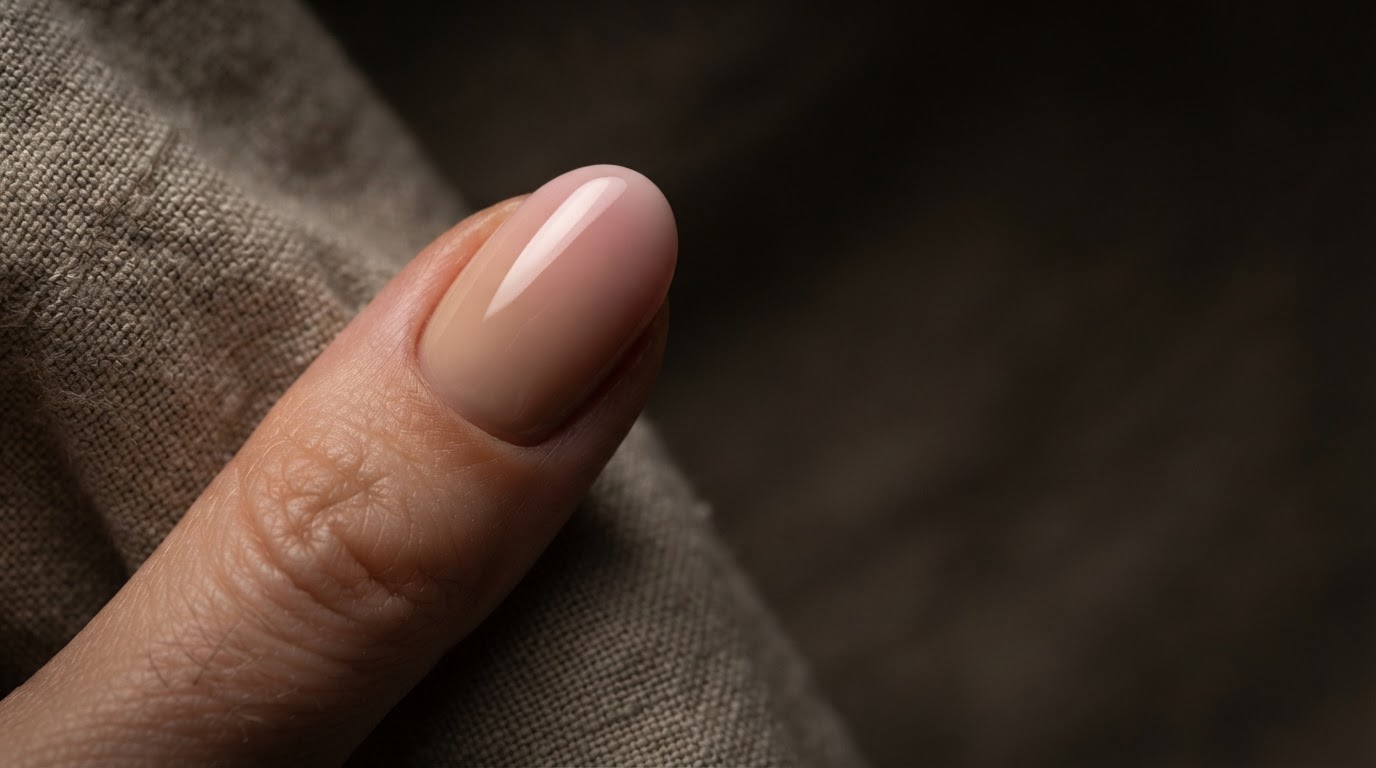Perfectly sculpted nail against textured fabric