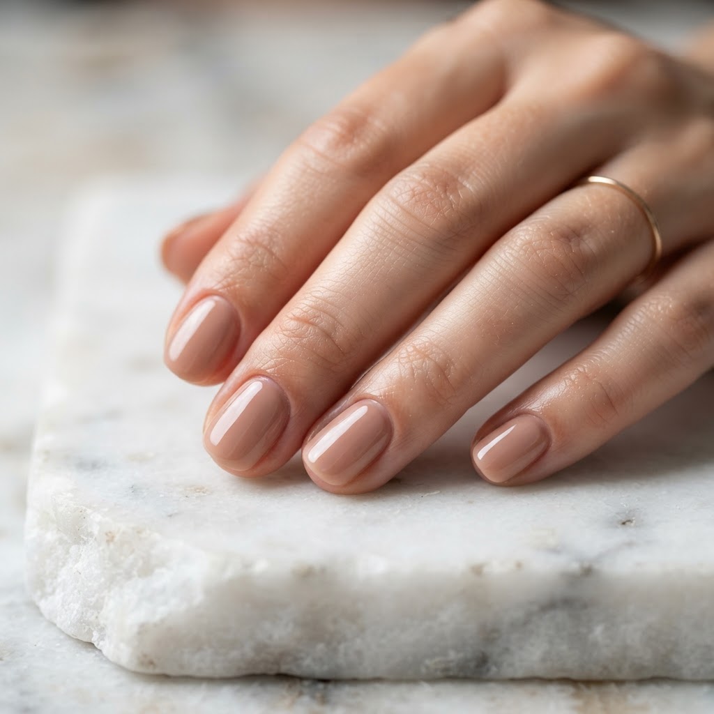Warm nude gel manicure on marble