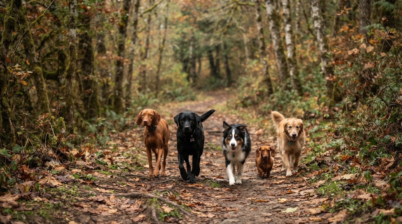 Hunde beim gemeinsamen Spaziergang