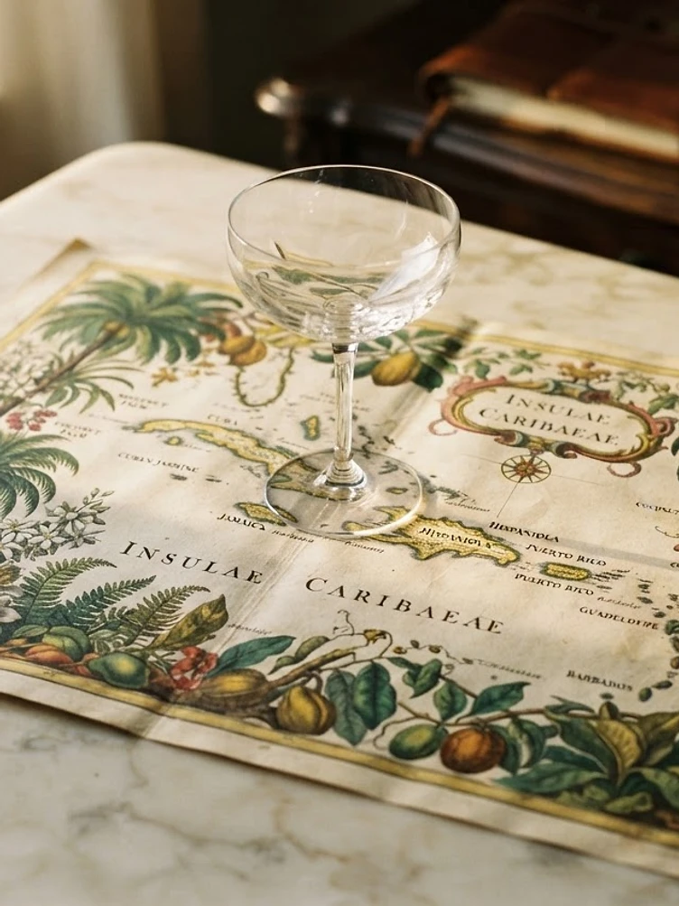 Vintage Caribbean botanical map beneath a crystal coupe glass