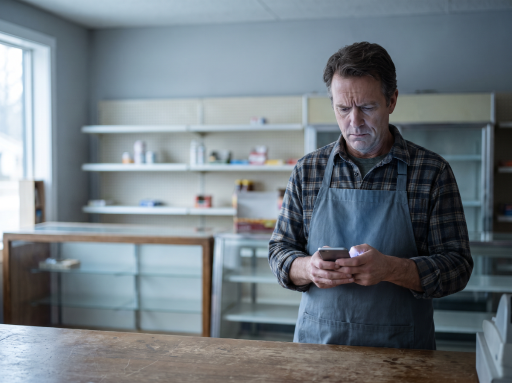 Worried shop owner checking his phone