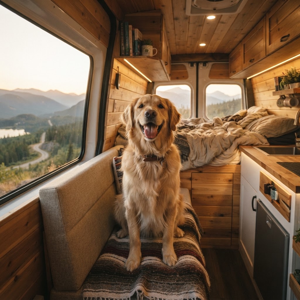 A calm dog resting in a luxury transport vehicle