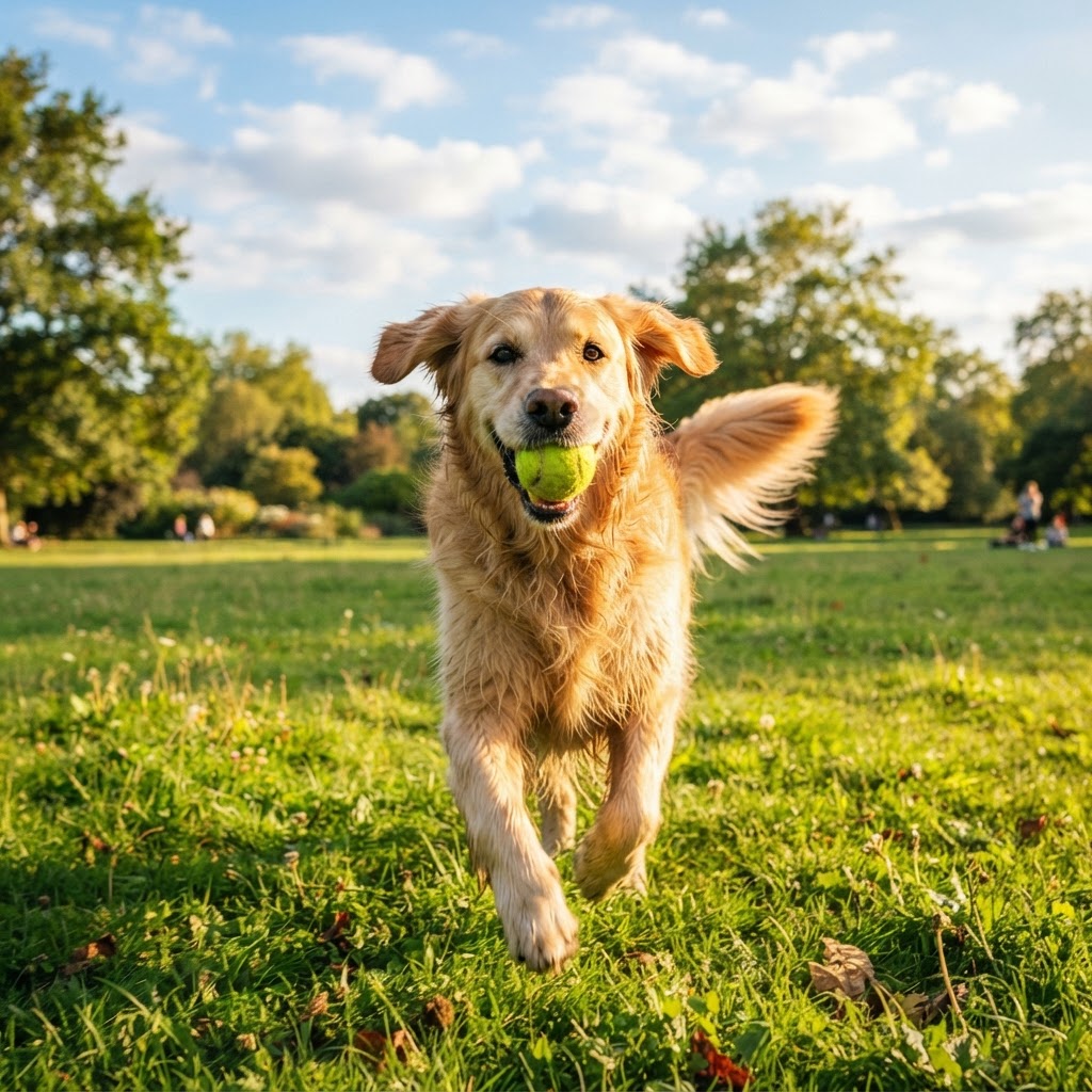 A happy dog playing fetch at a sunny park