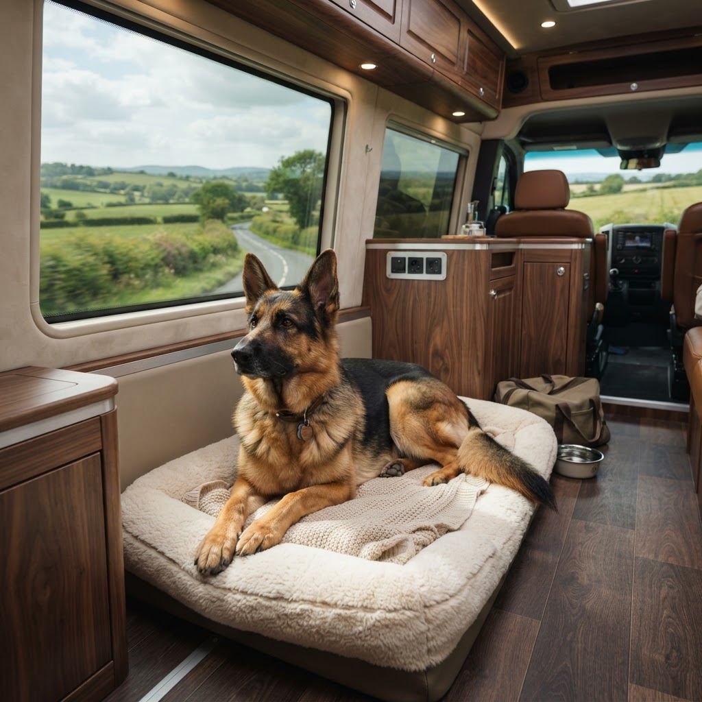 A German Shepherd resting comfortably inside a luxury pet transport vehicle