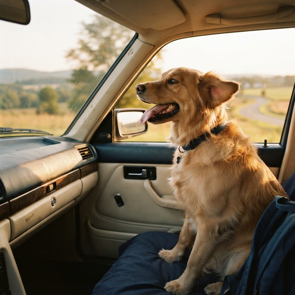 A happy dog ready for a journey
