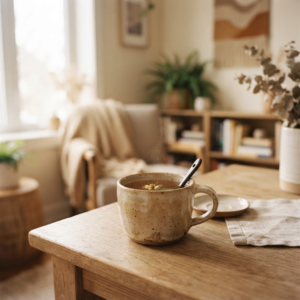 Détail du cabinet de thérapie — tasse et lumière