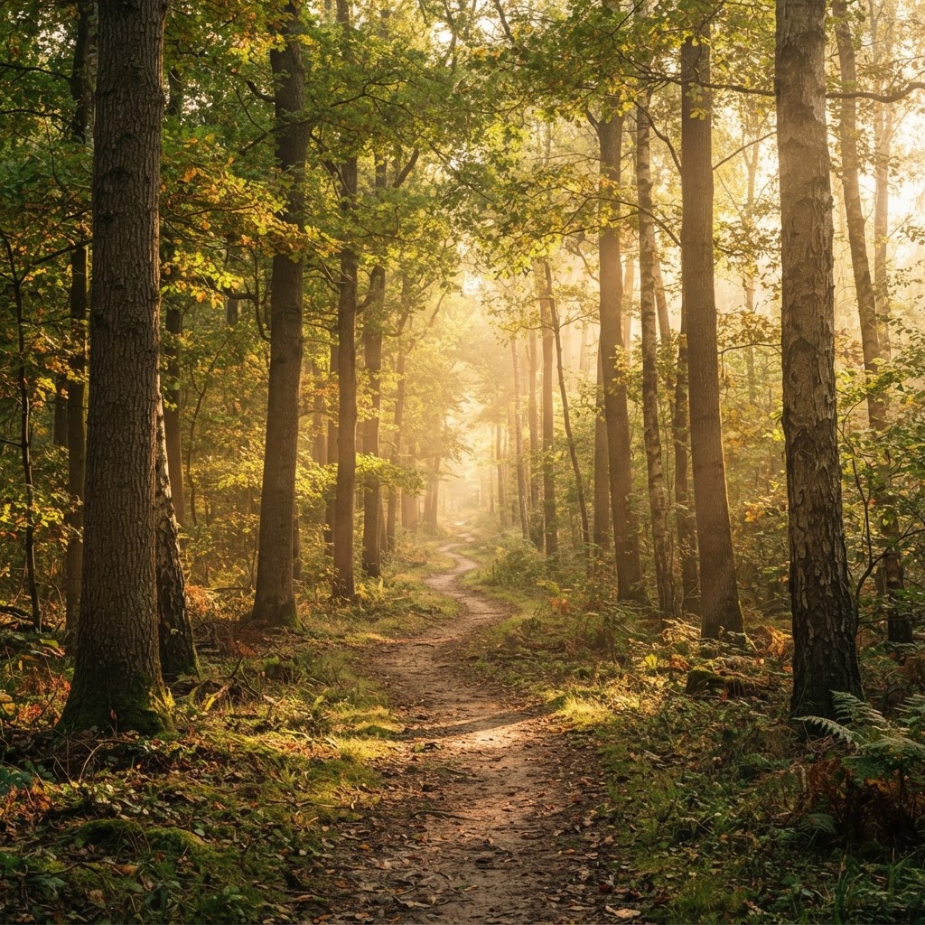 Un chemin en forêt baigné d'une lumière douce et ensoleillée
