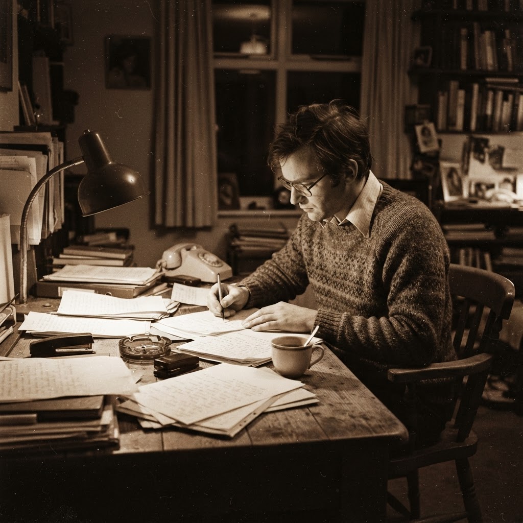 A builder working late at his desk
