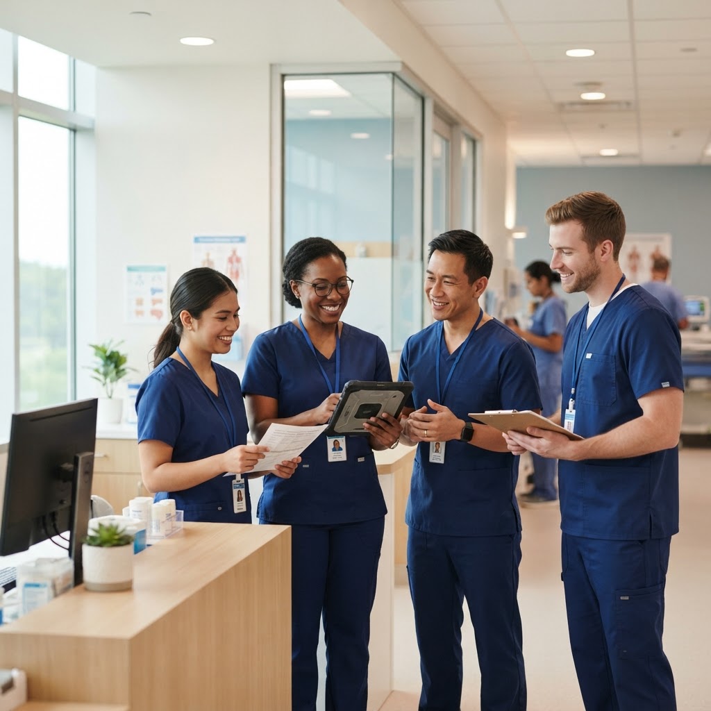 Healthcare professionals collaborating in a modern clinic