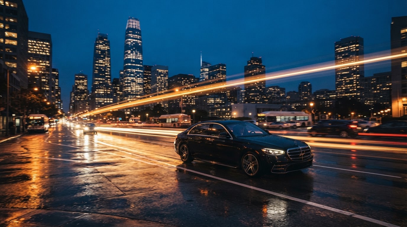 Premium vehicle driving through city at night with golden light trails