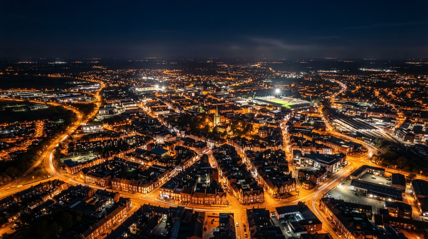 Aerial view of Wrexham city at night with golden lights