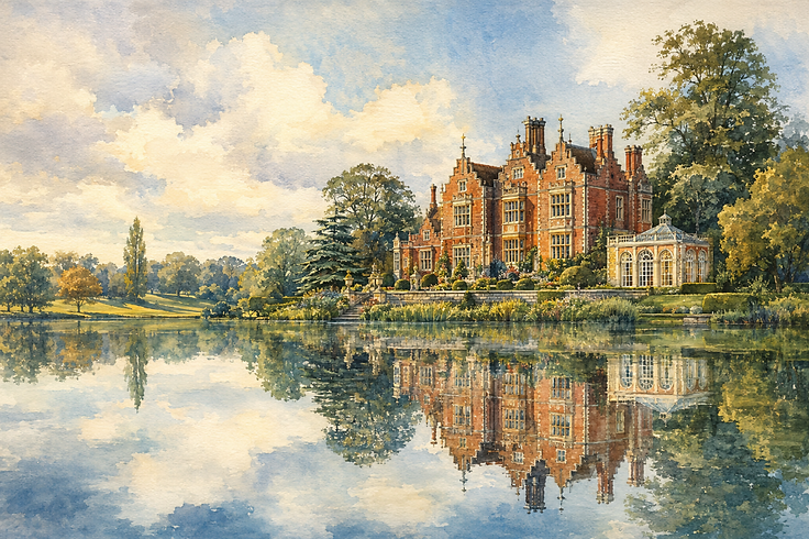 A red-brick Jacobean manor house beside a lake with its reflection, painted in watercolour