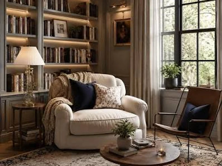 A small library with a window overlooking greenery